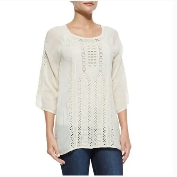 Johnny Was Collection "Liya" Georgette Tunic Blouse Embroidery Eyelet Sz Medium - Picture 1 of 13